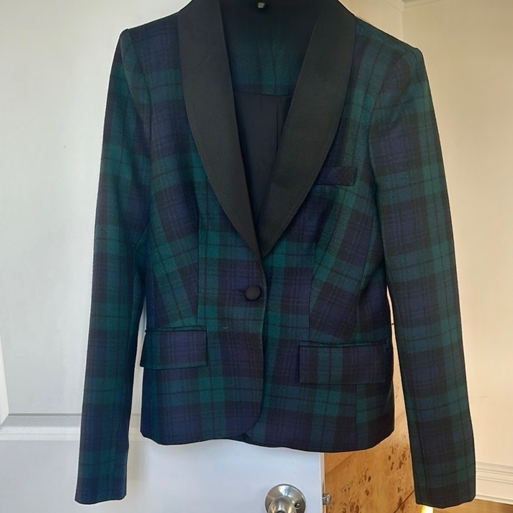 A.L.C. Sz 8 Women’s Black Watch Plaid Wool Tuxedo Style Blazer w Satin Collar